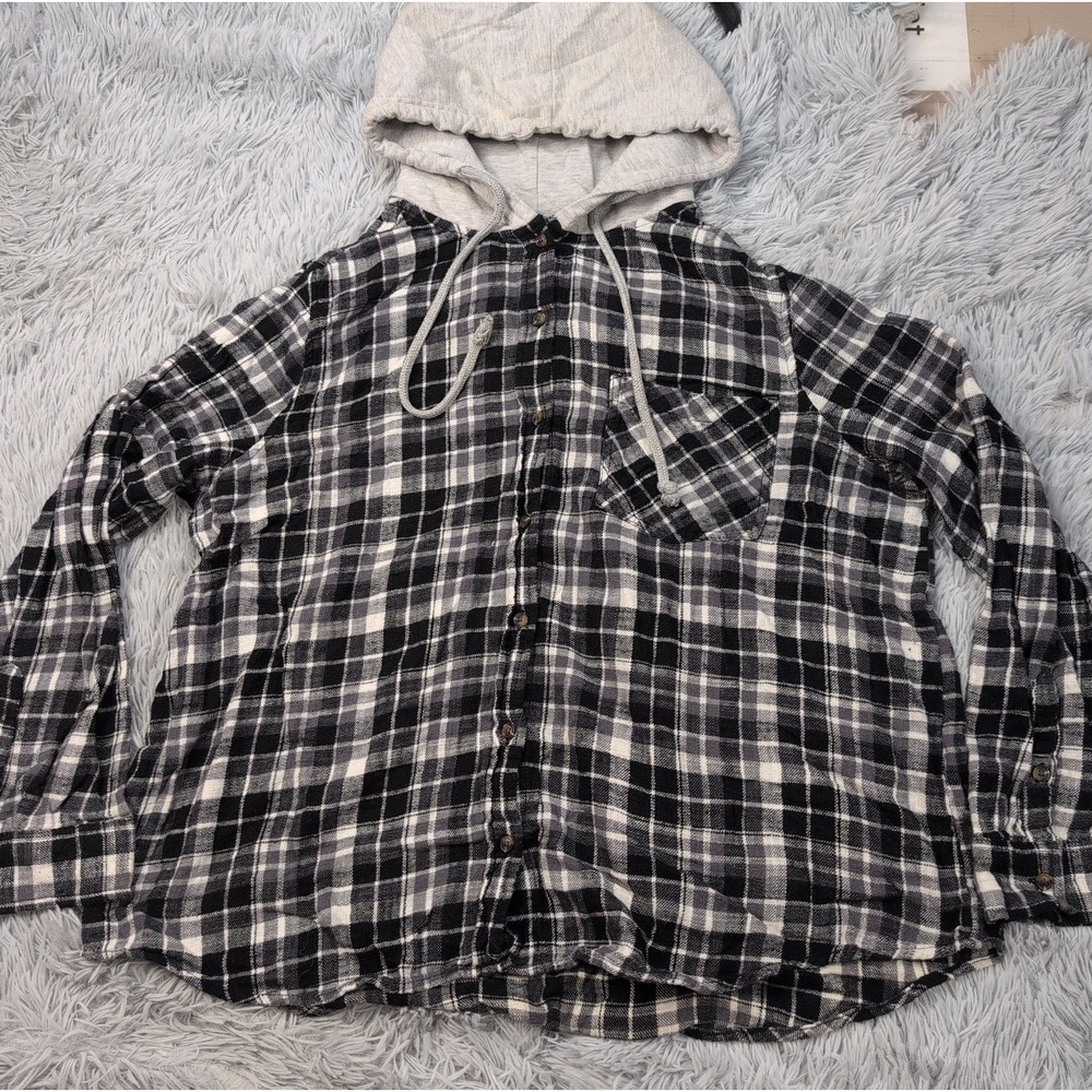 Time & Tru Shirt Womens XXL Black Plaid Button Up Hood Pockets Chore Work